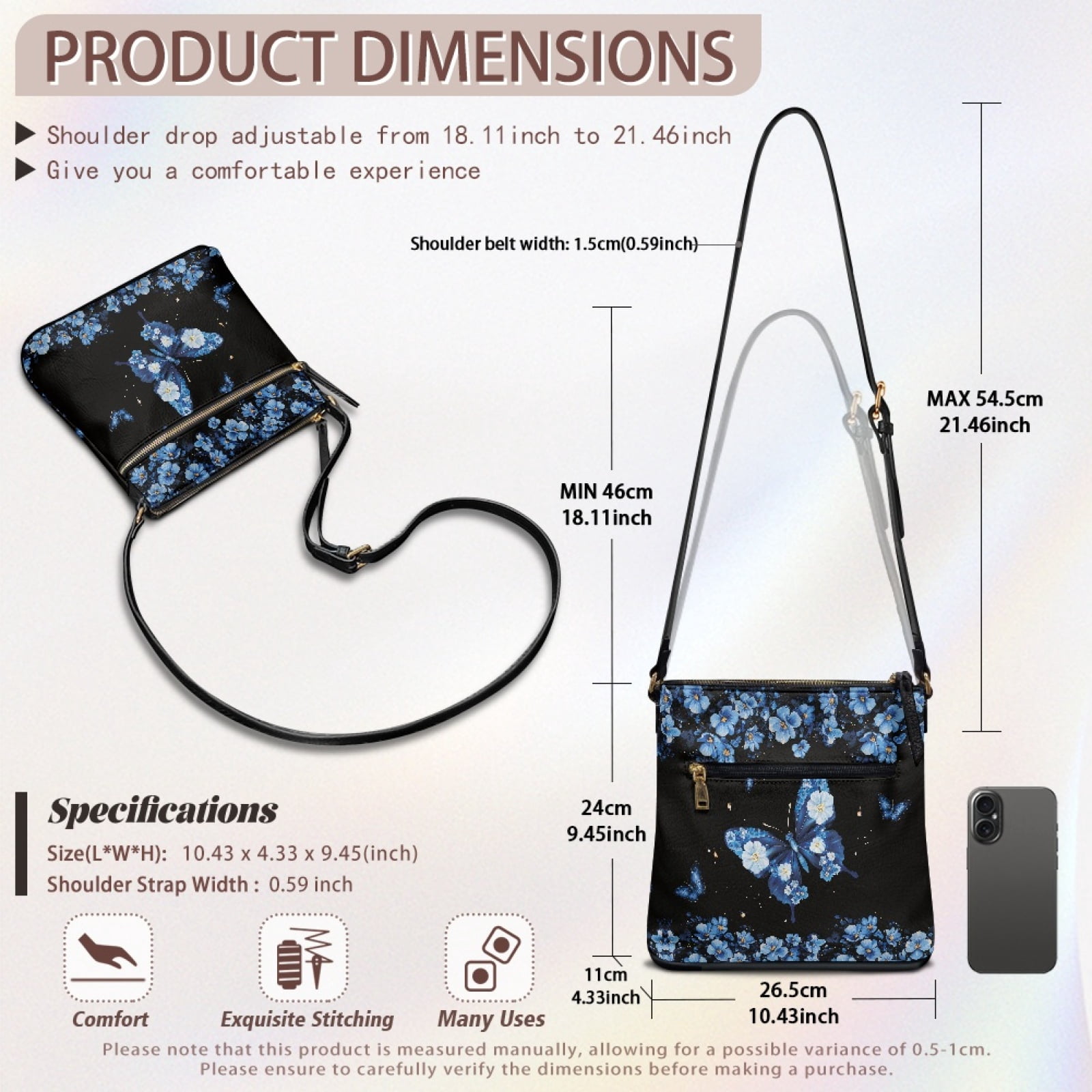 ZUXONGSY Butterfly Daisy Floral Print PU Leather Shoulder Bag for Women Lightweight Crossbody Purse Messenger Bag Casual Multiple Pockets Bag with Zipper for Daily Use Travel