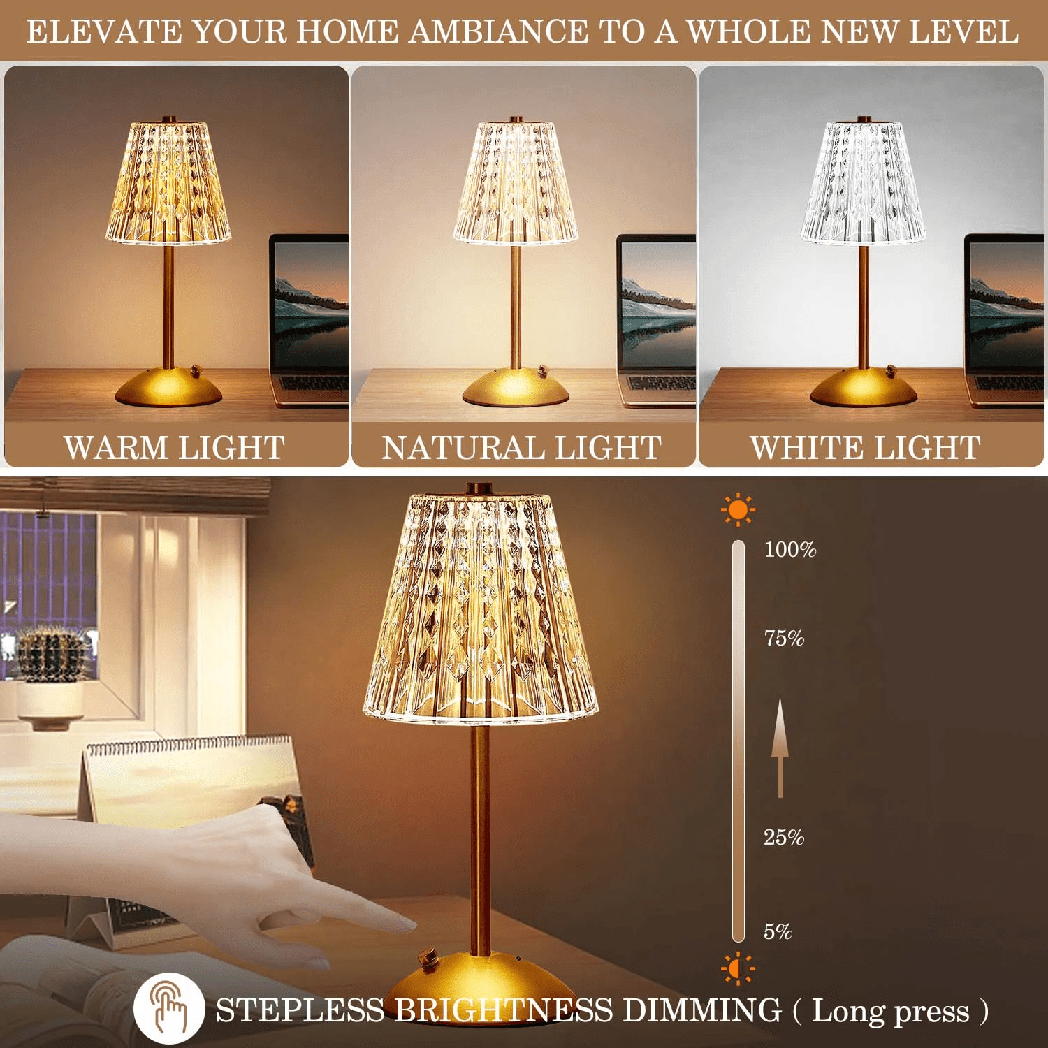 Cordless Table Lamp,Battery Operated Lamp,3 Color Modes Dimmable LED Touch Lamp,Portable Crystal Gold Metal Beside Lamps for Bedroom Living Room Restaurant