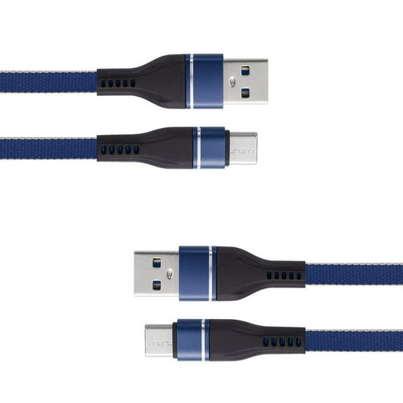 Bemz USB Cables Compatible with AT&T RADIANT Max Bundle: Heavy Duty Reinforced Connector Nylon Braided USB Type-C to USB-A Cables - 2 Pack, 3.3 Feet (1 Meters) - Blue