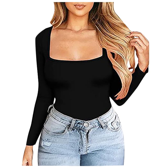 Moda mujer Slim Casual cuello cuadrado manga larga sólido camiseta blusa Tops Fridja ghj987+5076
