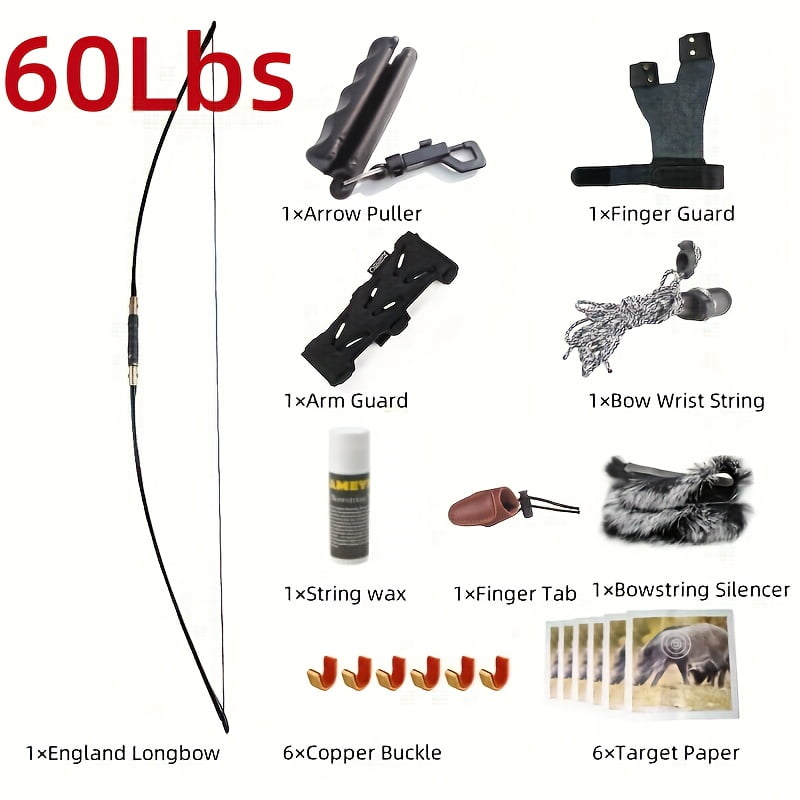 65" English Traditional Longbow Set 60lbs Archery Takedown Bow Hunting