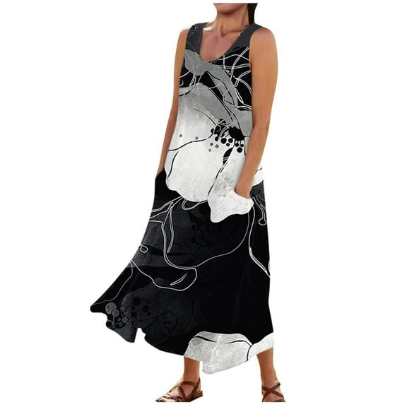 JYLPZYR Womens Sun Dresses 2024 Women'S Floral Print Plus Size Dress Sleeveless Round Neck Loose Stretch Comfortable Plus Size Summer Dress Mid-Length(Black,XL)