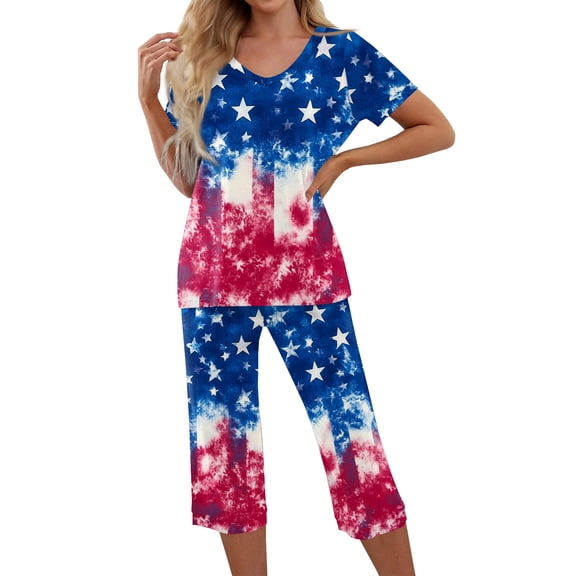 4th of July Women's Pajama Sets 2026 Lounge Sleepwears Independece Day US Star Flower Printed Plus Size Short Sleeve Top and Capri Pants Pajama Set