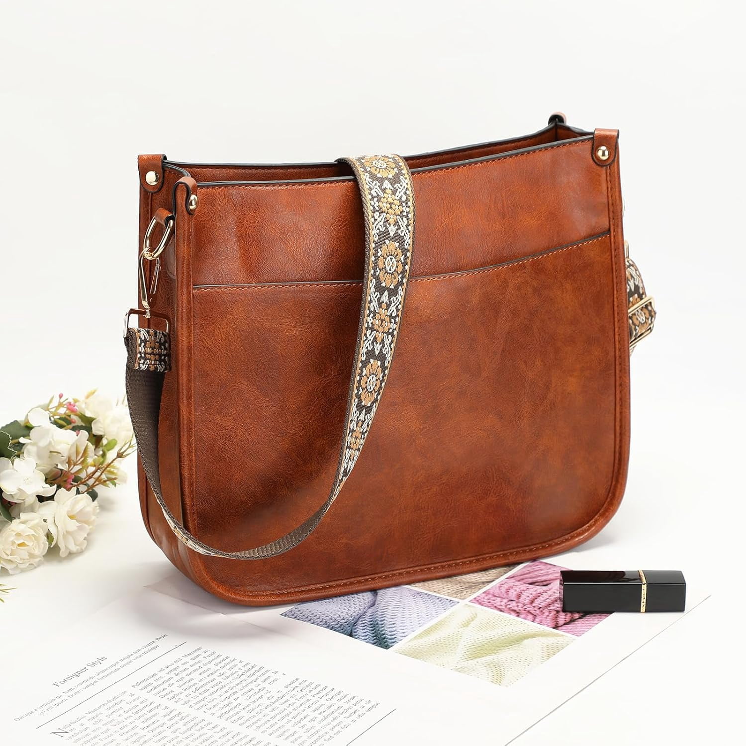 Crossbody Purse for Women Trendy Vegan Leather Hobo Bags for Women Handbags and Wallet 2PCS With Guitar Shoulder Strap