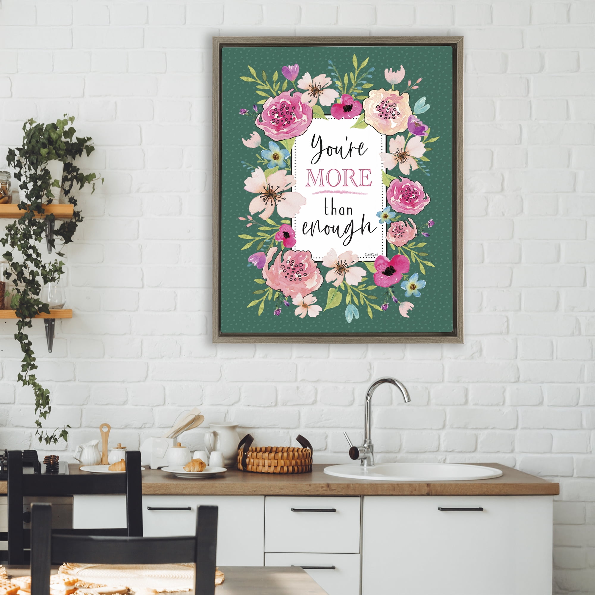 Stupell Industries More Than Enough with Florals Brown Framed Floater Canvas Wall Art, design by Elizabeth Tyndall