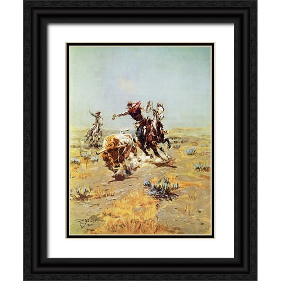 Russell, Charles M. 19x24 Black Ornate Wood Framed with Double Matting Museum Art Print Titled - Cowboy Roping a Steer