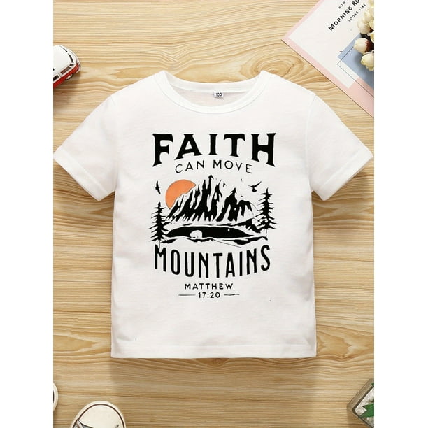 Camiseta con estampado gráfico FAITH & MOUNTAINS, camiseta informal y moderna para niño para primavera y verano, ropa transpirable para actividades al aire libre.