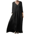thumbnail image 2 of QUINDOS Dresses for Women Beach V-neck Sundress Long Sleeve Plus Size Dresses Summer Pockets Cotton Linen Solid Color Maxi Long Dresses for Women, 2 of 7