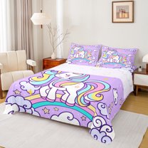 Manfei Teens Cartoon Unicorn Full Size Sheets, Kawaii Cute Animal Bed Sheets, Rainbow Stars Cloud Sheet Sets, Luxury Bedroom Decor, 4 Pieces