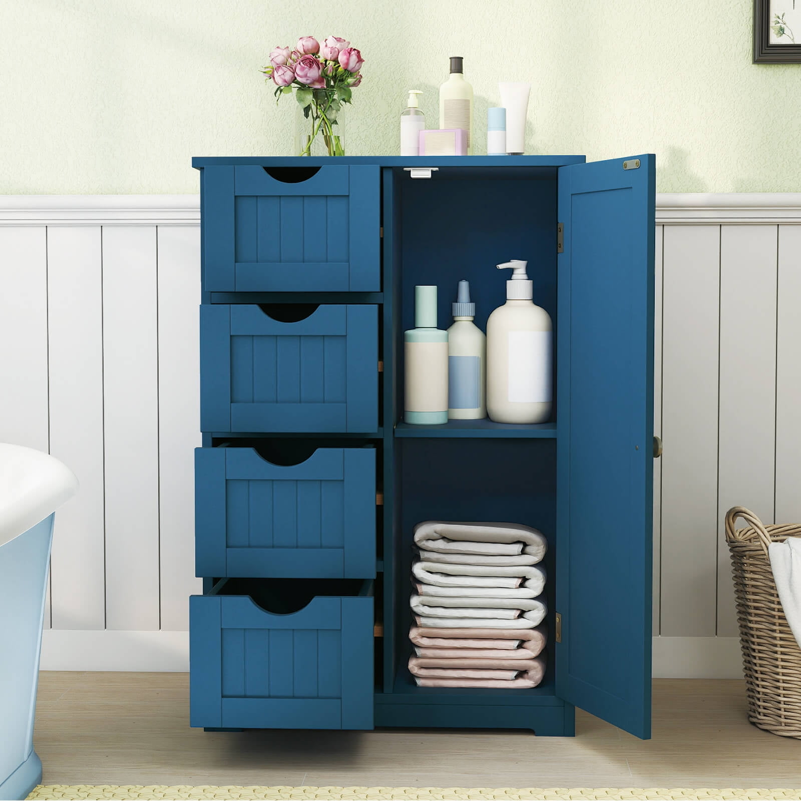 Costway Wooden 4 Drawer Free Standing Bathroom Floor Cabinet Storage Cupboard Adjustable Blue