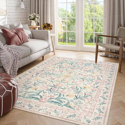 Morebes Floral Pink Rugs for Bedroom Girls, Washable 5x7 Large Area Rug for Living Room Non Slip, Vintage Low-Pile Indoor Floor Boho Flower Carpet fo