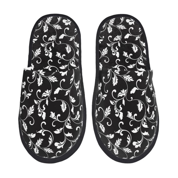 Fotbe Black White Leaves Pantuflas Peludas para Mujer con Estampado, Zapatillas de Peluche, Zapatos de Invierno para Casa, Uso Interior y Exterior-Large
