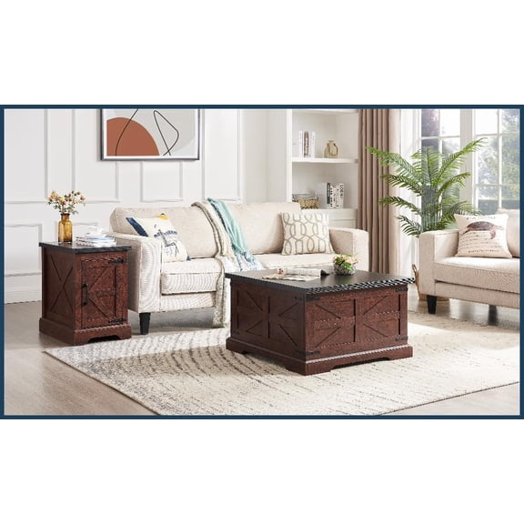 Farmhouse Barn Coffee Table & End Table Set with Hidden Storage, Easy Assembly for Living Room