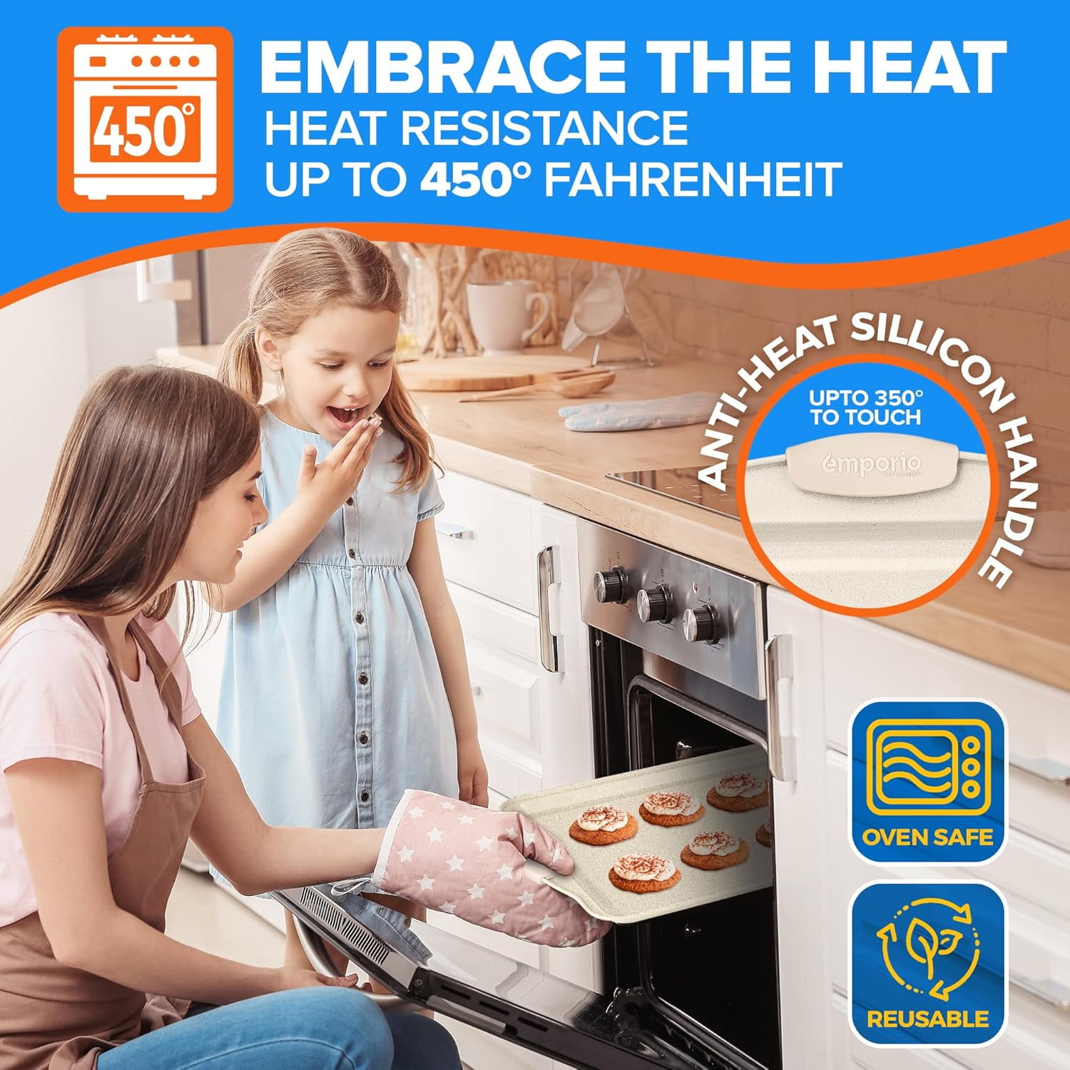 Baking Pan Set - Nonstick Coating, Carbon Steel Bakeware Set with White Silicone Handle, Recipe Booklet Included, Oven Safe Tray (Up to 450° F), Set of 25 - White