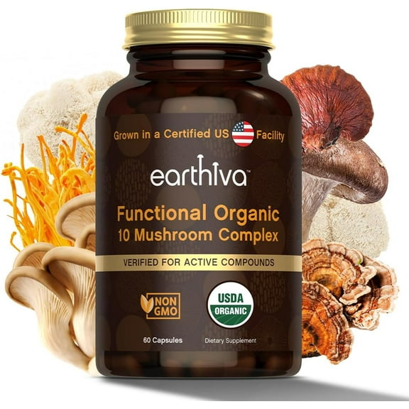 Earthiva Mushroom Complex Supplement | 60 Organic Capsules | 10-in-1 Blend | with Lion’s Mane, Chaga, Turkey Tail, Cordyceps, Maitake, Shiitake, Reishi, & More | Grown in a Certified US Facility