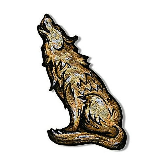 Howling Wolf, Embroidered Iron-on/Saw-on, Heat Sealed Backing Rayon Patch - 2" x 5"
