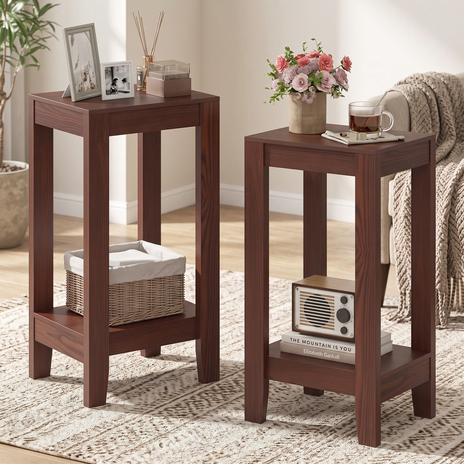 Furnibear Set of 2 2-Tier End Tables with Storage Shelf, Compact Wood Side Table Nightstand for Living Room Bedroom Small Spaces, Sofa Couch Bedside Accent, Brown