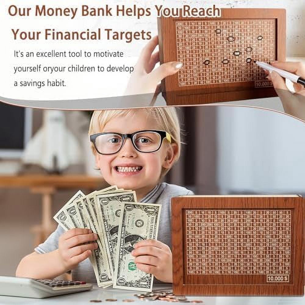 Cash Vault Wooden Savings Box with Locking Latch,Durable Wooden Money Saver with $1000/$10000/$3000/$5000 Money Targets,Numbers & DIY Marker for Personal Finance Goals