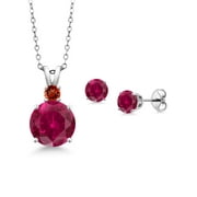 Gem Stone King 925 Sterling Silver Round Red Created Ruby and Red Garnet Pendant and Earrings Jewelry Set For Women (5.40 Cttw, Gemstone Birthstone, with 18 inch Chain)