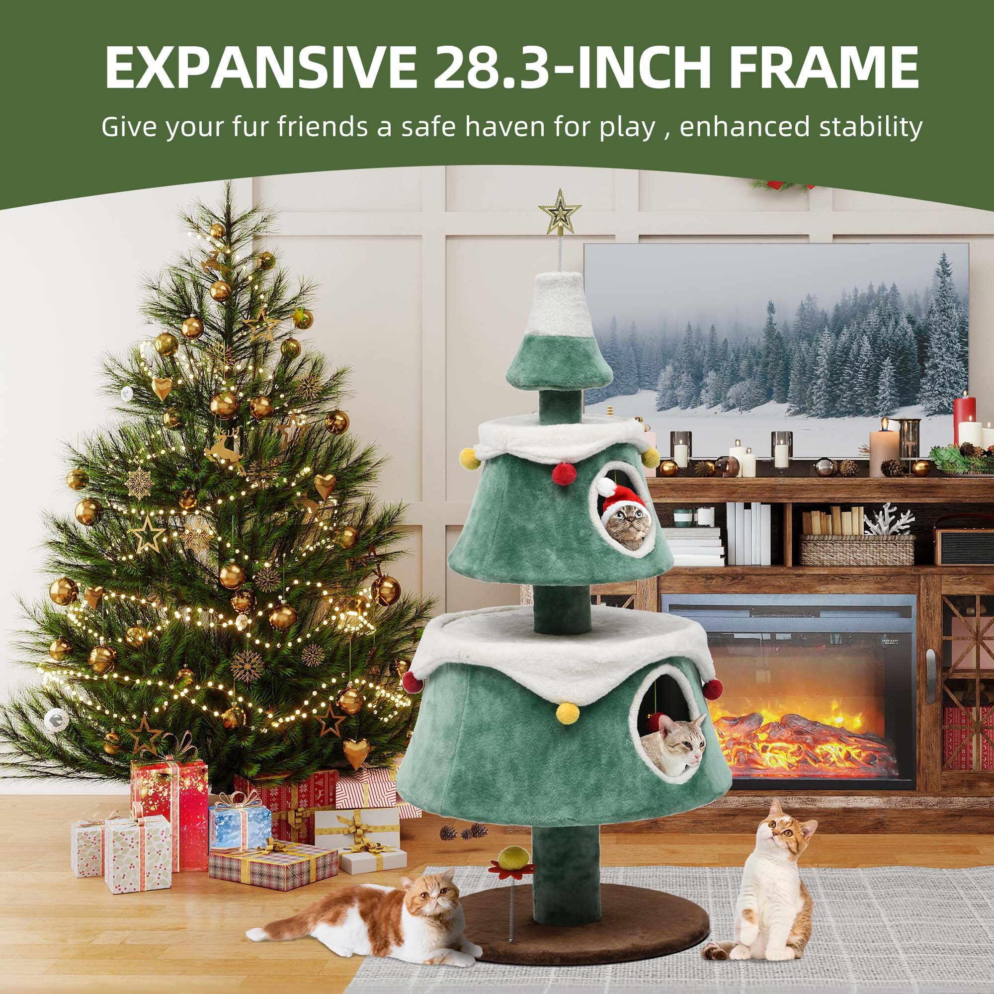 Uforic 63 Inch Festive Multi-Tier Cat Tree Tower with 2 Semi-Closed Rest Condos, Hanging Plush Interactive Toys for Small Medium Cats