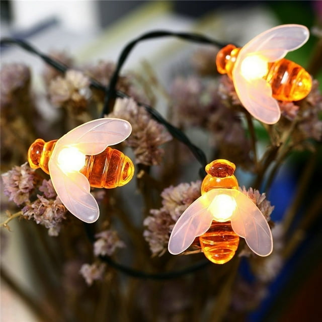 Guirnalda de luces solares de abeja para exteriores, luces LED de abeja, impermeables, solares, para jardín, decoración navideña, blanco cálido, 7 metros, 50 luces (8 divertidas)