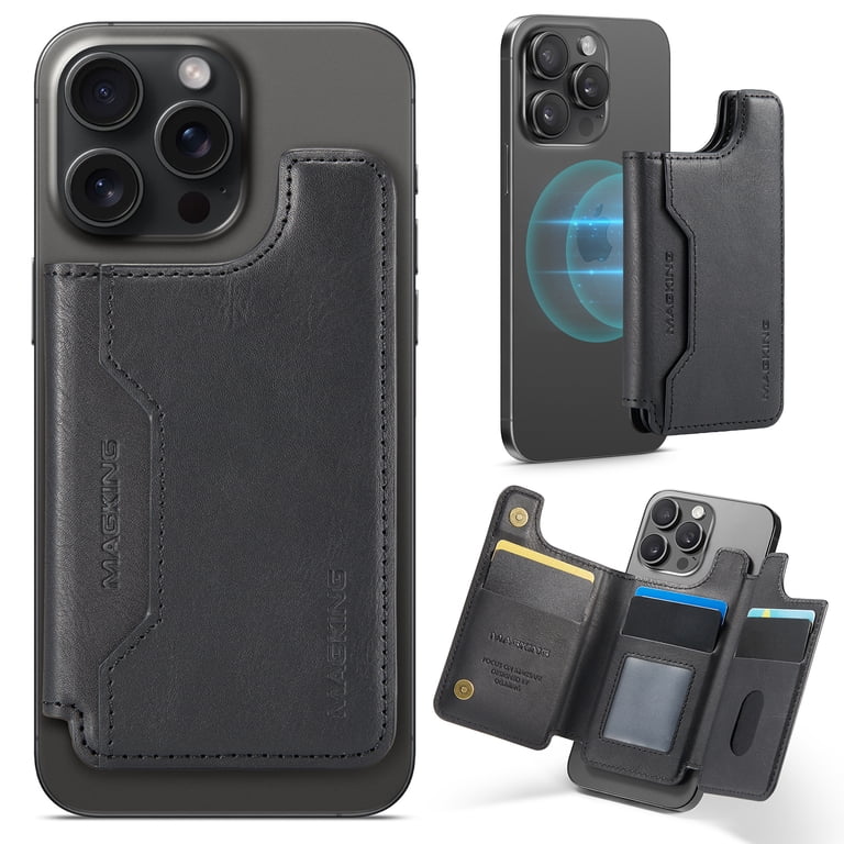 Amzone Stronger Magnetic RFID Leather Mag-Safe Card Holder For IPhone 16 Series, Mag-Safe Accessories Stick On Series Of IPhone 17/16/15/14/13/12 And Pro/Promax, Black