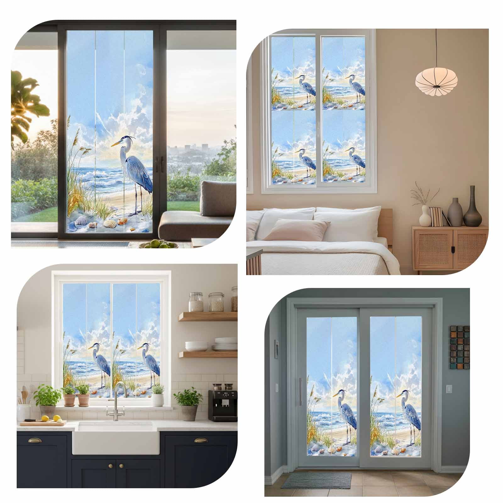 Coastal Birds Window Privacy Film, Blue Sky Heron Seabird Tropical Beach Static Cling UV Sun Blocking Tint Film Heat Control Windows Films for Bedroom Bathroom, Window Stickers 23.6"x59"