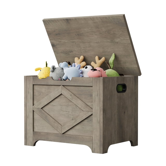 23.6 Inch Storage Bench, Wooden Toy Chest with Safety Hinge, Multi Functional Entryway and Living Room Storage, Easy Assembly, Frosted White Washed Gray Retro Color
