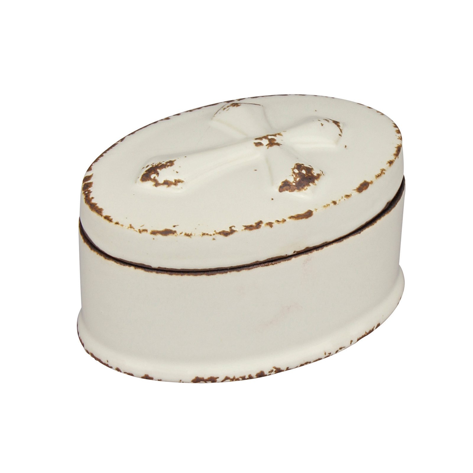 Small Oval Worn White Ceramic CROSS Trinket Box