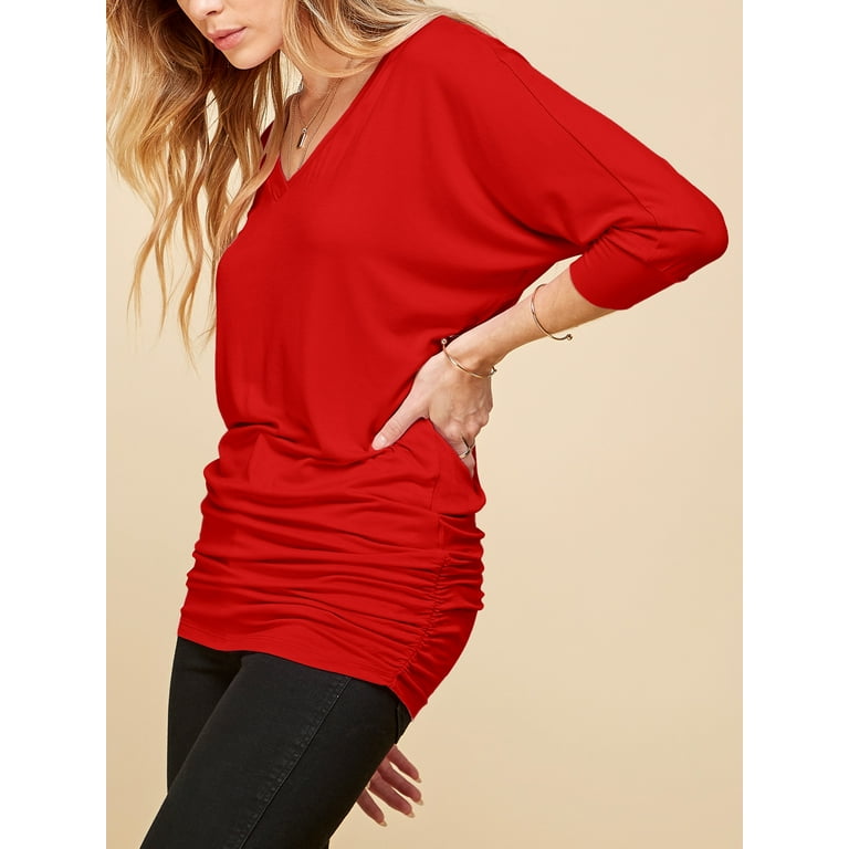 Made by Johnny Women's V-Neck 3/4 Sleeve Dolman Top with Side Shirring XS  RED 