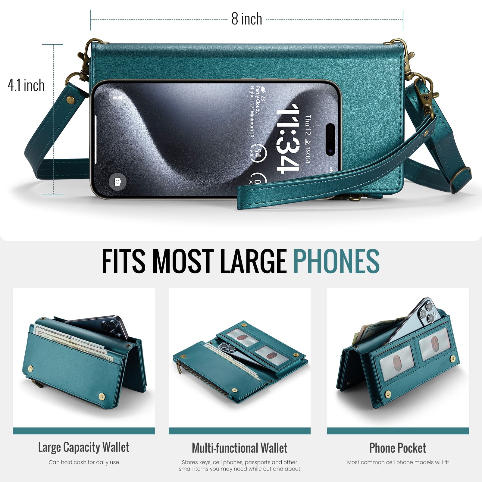 ELEHOLD Phone Bag Wallets for Women Girls,Luxury PU Leather Wallet Bag Crossbody Handbag with Phone Pocket Zipper Pocket Large Capacity Credit Card Holders Wriststrap Shoulder Strap,Green