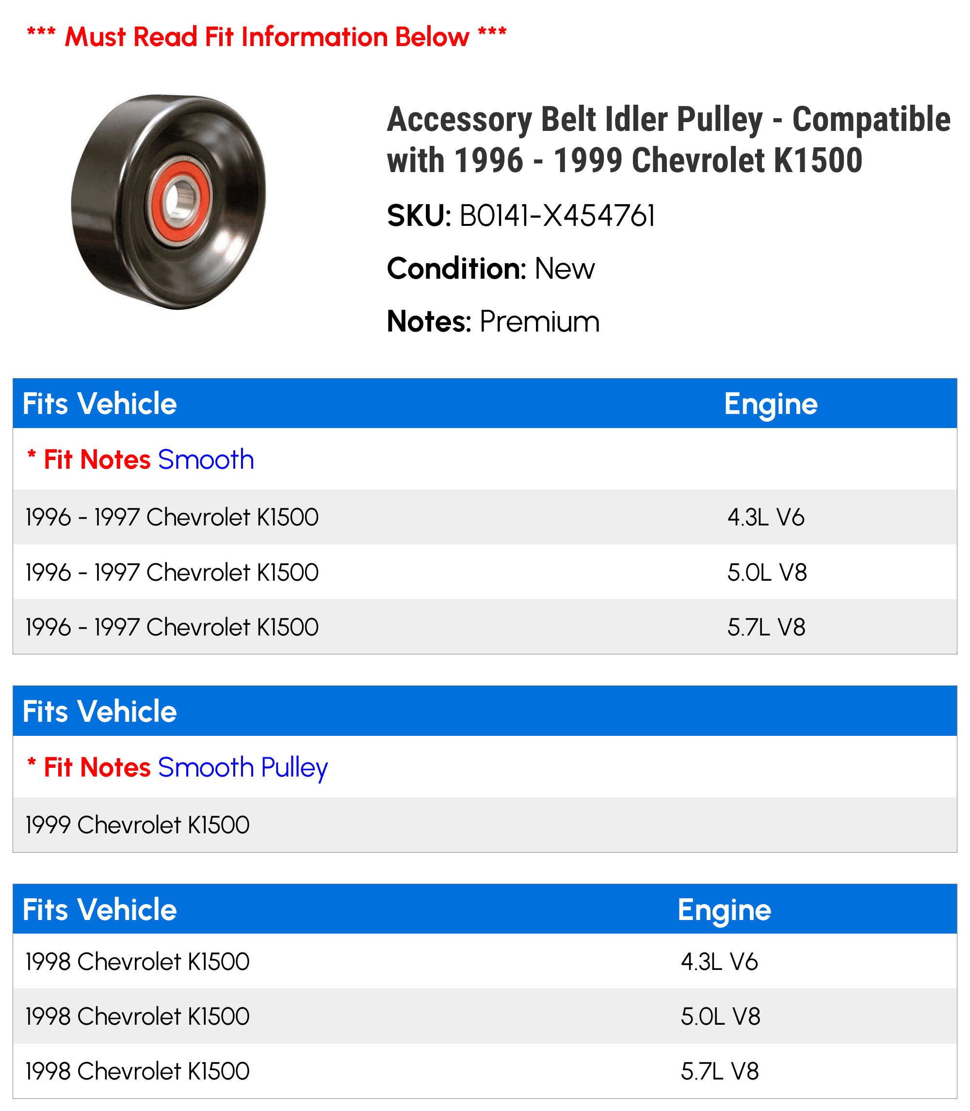 Accessory Belt Idler Pulley - Compatible with 1996 - 1999 Chevy K1500 1997 1998