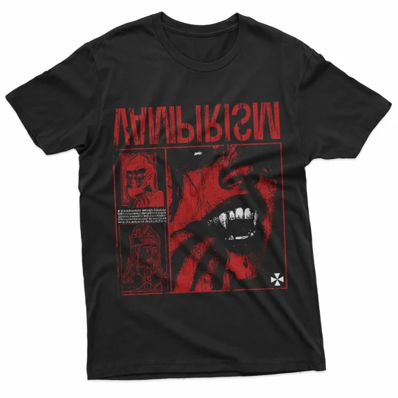 Dark Gothic Vampire Emo Y2K Grunge Streetwear Tee with Red Accents, for men and women up to 5XL