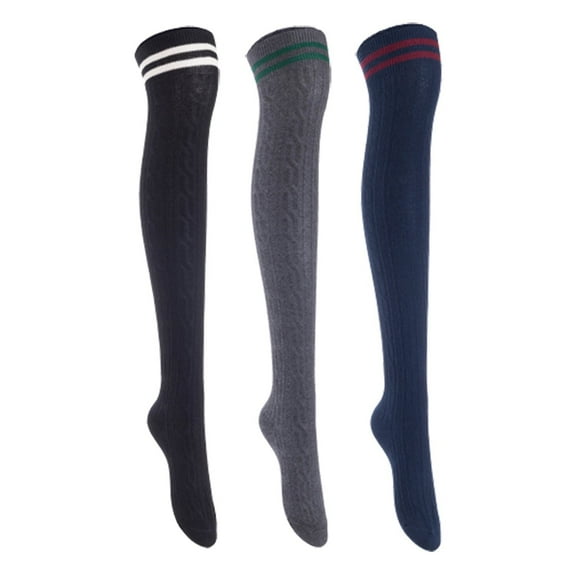Lian Lifestyle Women's 3 Pairs Incredible Durable Super Soft Unique Over Knee High Thigh High Cotton Socks, Size US 6-9, JMYP1023 Black,Dark Grey,Navy