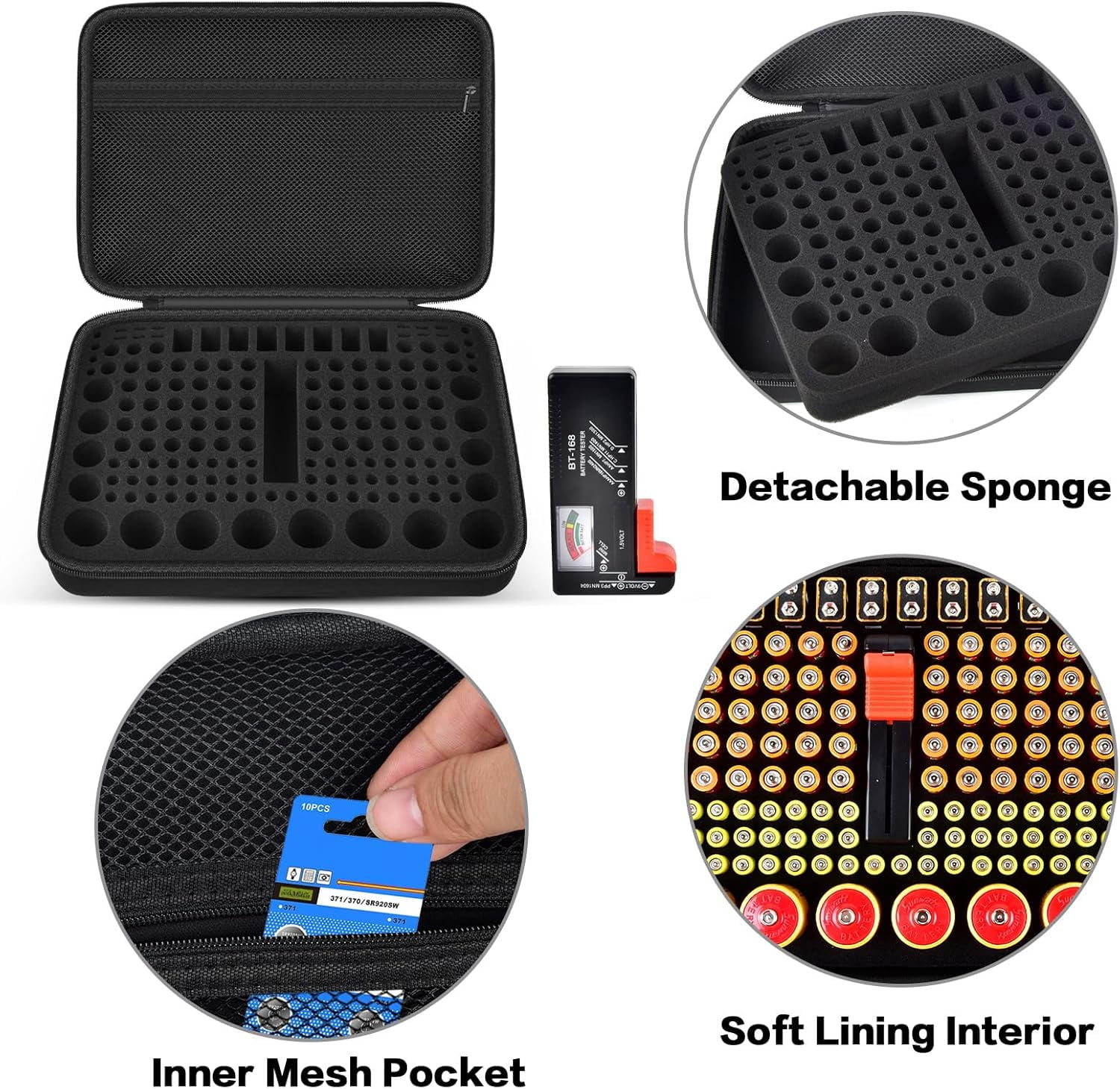 HRTGFD-Battery Organizer Storage Case with Tester, Batteries Holder Box Carrying Bag, Garage Vault Organization Holds 162+ Battery Variety Pack AA AAA AAAA C D 9V 3V Lithium(No Batteries) (Black)