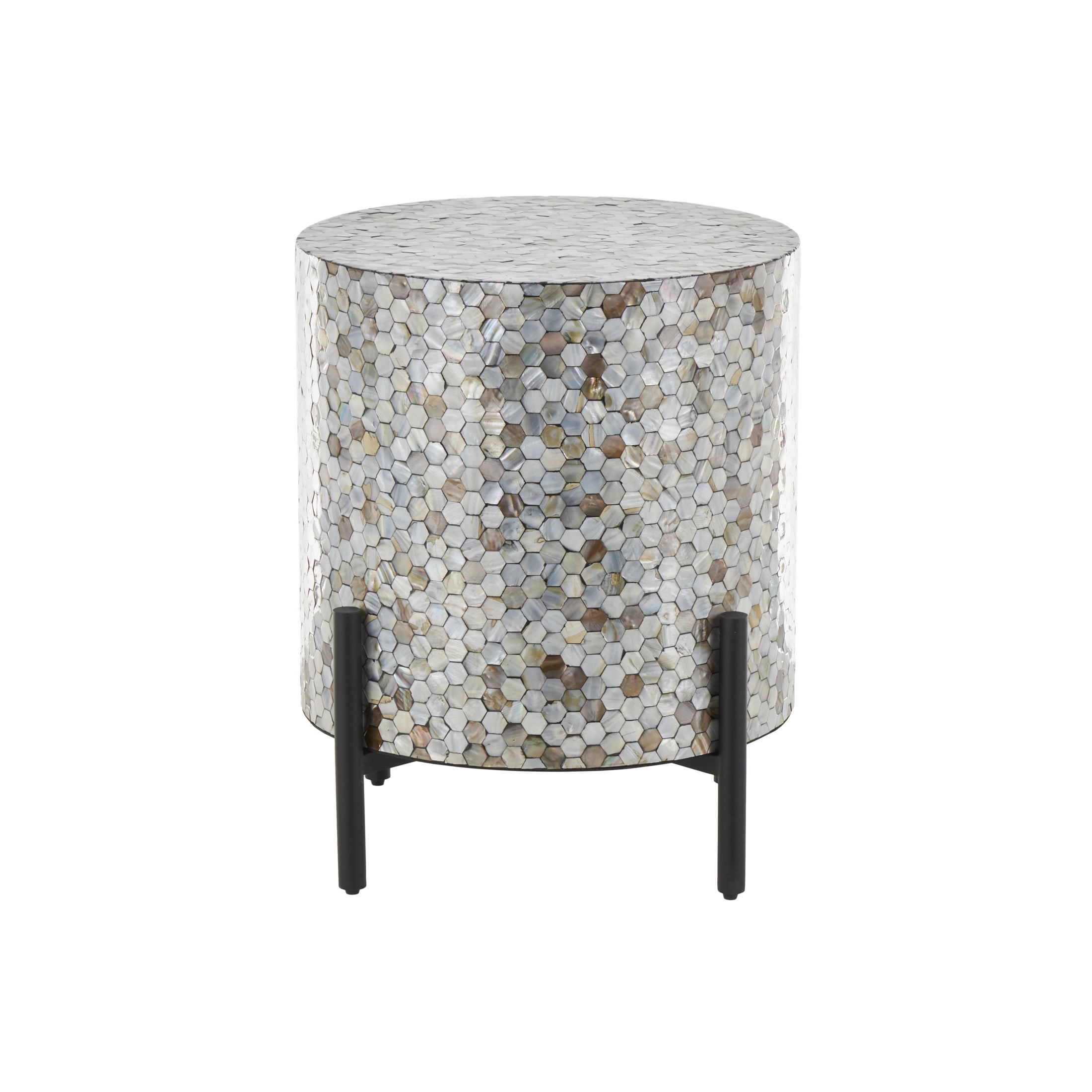 DecMode 18" x 22" Multi Colored Mother of Pearl Shell Handmade Hexagon Mosaic Inlay Abstract Accent Table with Black Metal Legs, 1-Piece