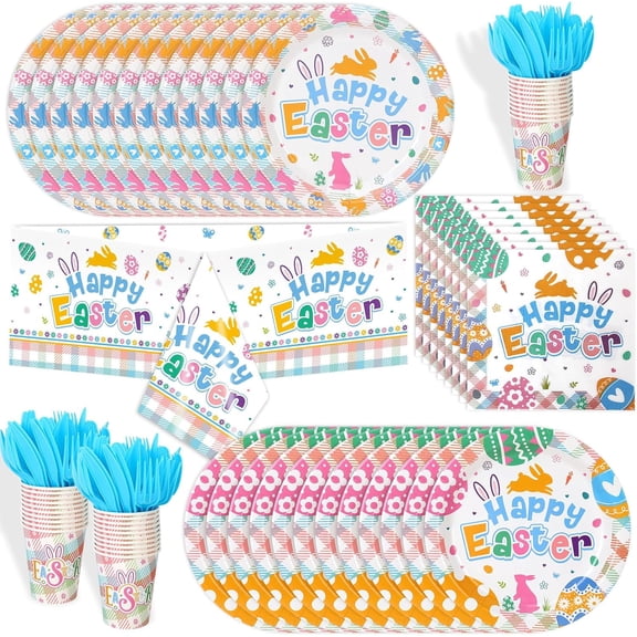 141PCS Easter Party Supplies Easter Tableware Set Serves 20, Colorful Eggs Bunny Paper Plates and Napkins Set for Easter Spring Party Decorations