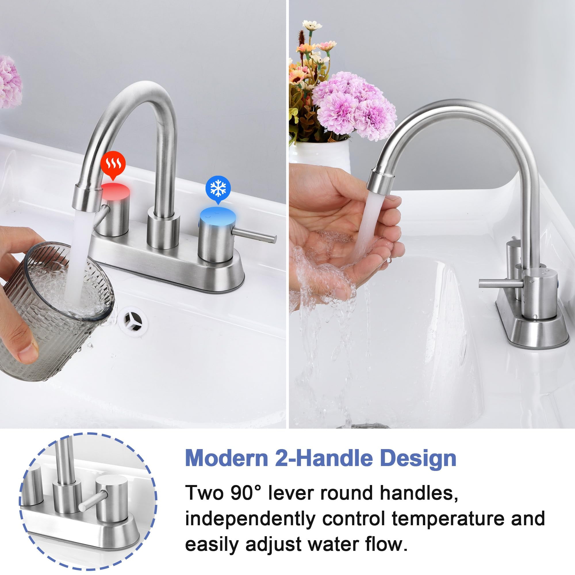 Coliware 4 inch Brushed Nickel 2-Handle Bathroom Sink Faucet, Bathroom Faucet Monomando Brush Nickel