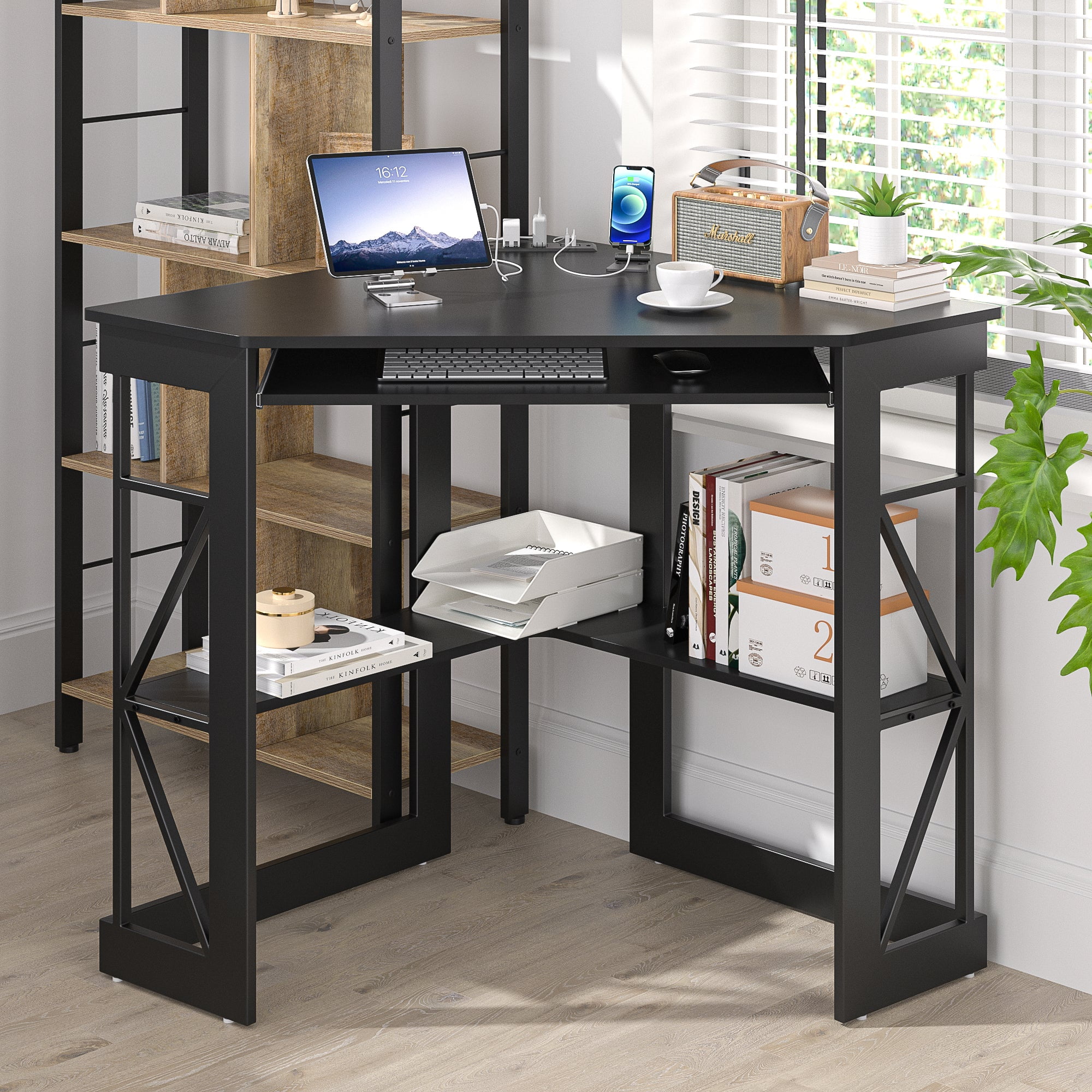 VECELO Corner Computer Desk with Charging Station, 90 Degree Triangle Writing Study Table with Keyboard & Storage Shelves for Small Space, Black