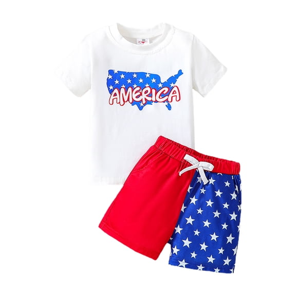 ITSAME Boys Outfit Sets, Cotton Independence Day Print Crewneck Short Sleeve Top and Elastic Waist Shorts Summer Fashion Comfortable Sets 2-Piece White 6-7T