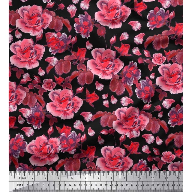 Soimoi Orange polyester Crepe Fabric Leaves & Floral Print Fabric by The Yard 42 Inch Wide