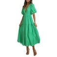 thumbnail image 4 of Franhais Women's Summer Casual Midi Dress Rufflled Hem Solid Color Lantern Sleeve V Neck Pleated Dresses, 4 of 9