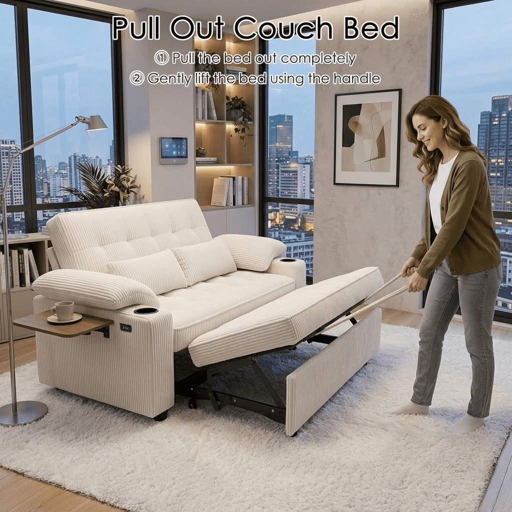Howcool 58" Sleeper Sofa Bed, Convertible Pull Out Couch Bed Corduroy Loveseat with Adjustable Backrest, USB Charging Ports, Cup Holders & Foldable Side Table for Living Room Apartment,Beige
