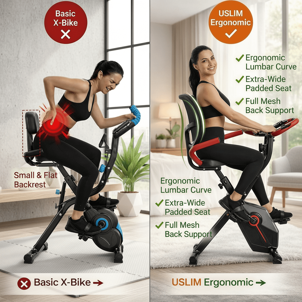 USLIM Foldable Exercise Bike for Home, Quiet Stationary Bike with Backrest, Resistance Bands, Heart Rate Monitor, 300 lb Capacity
