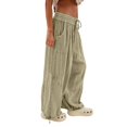 thumbnail image 2 of Womens Casual Loose Fit Wide Leg Cotton Pants Drawstring Stitching Baggy Pants Trousers with Pockets Khaki S, 2 of 9