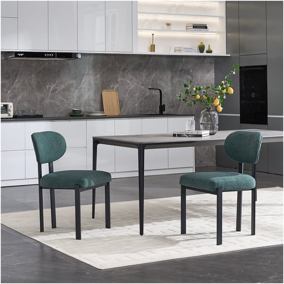 Mid-Century Modern Dining Chairs Set of 2, Upholstered Boucle Fabric Kitchen Chairs with Black Metal Legs for Dining Room