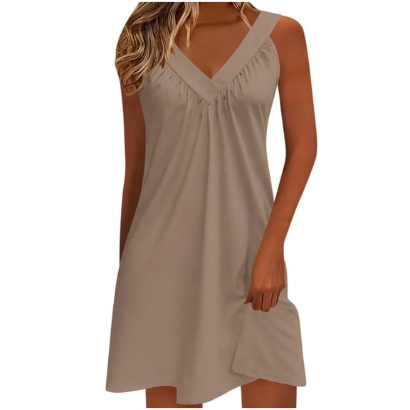 gakvbuo Summer Tank Dress For Women Mini Dress Pleated V-Neck Sleeveless Sundress T-Shirt A-Line Dress Beach Short Dress