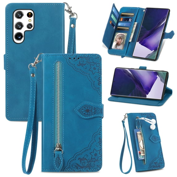 Tarise for Samsung S22 Ultra Wallet Case for Men Women, Galaxy S22 Ultra 5G Cover, Embossed PU Leather Magnet Buckle Card Slots Zipper Pocket Lanyard Wrist Strap Handbag All-inclusive Case, Blue