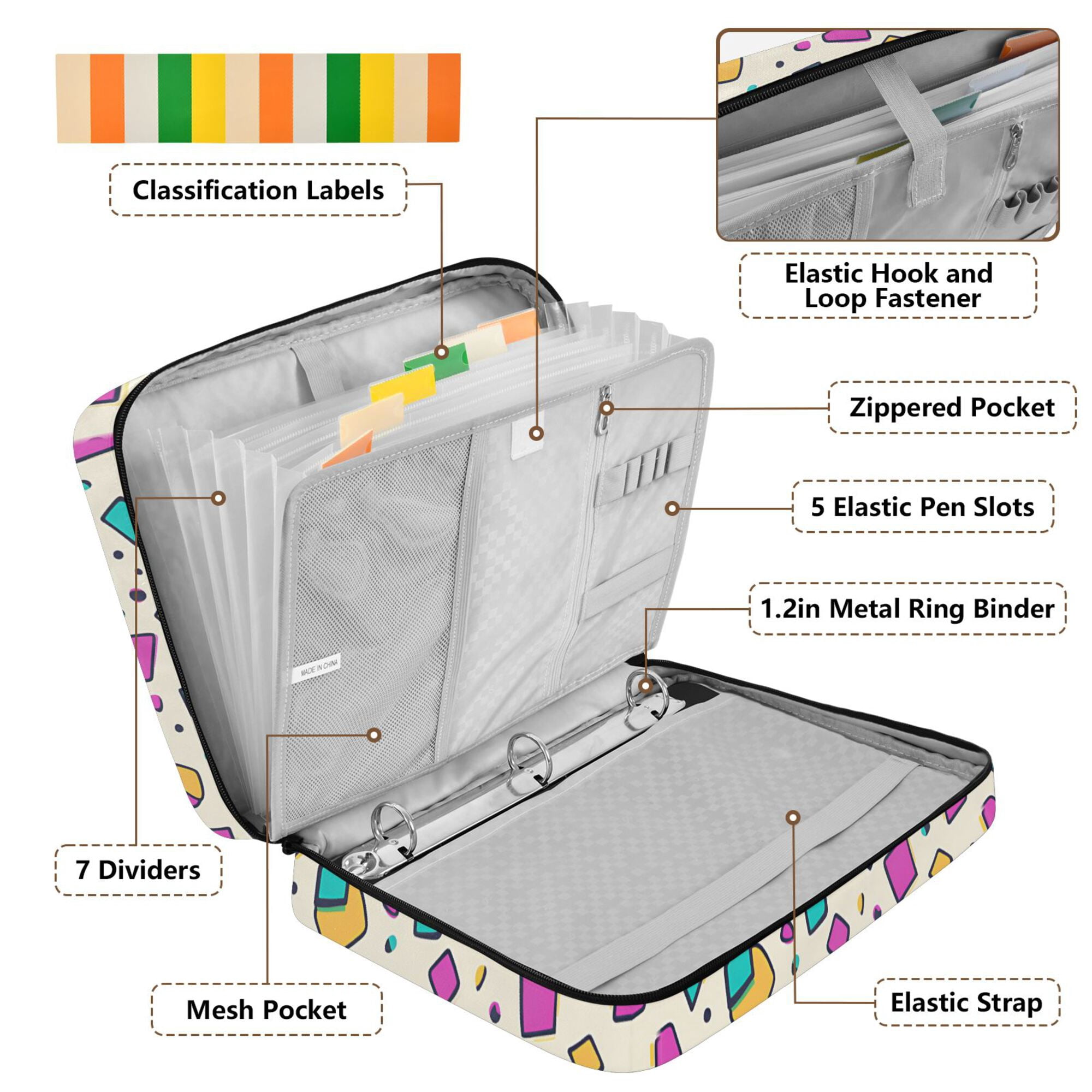 FORMRS Accordion File Folder A4 Size 7-Pocket Expanding Document Organizer Bag with 3 Ring Binder, Beige Retro Pattern