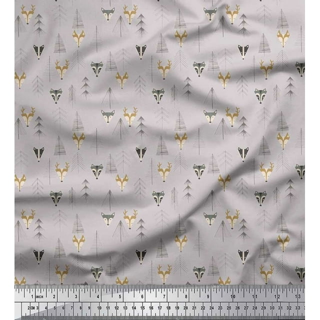 Soimoi Poly Georgette Fabric Artistic Tree,Reindeer & Fox Face Kids Print Fabric by The Yard 42 Inch Wide